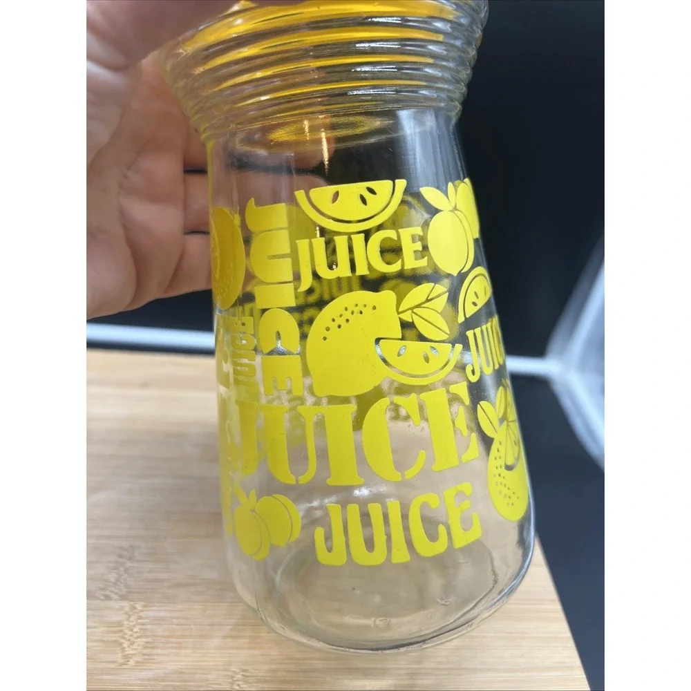 Vintage Glass Juice Carafe Pitcher with Pour Lid Lemon Yellow Design 24 oz MCM